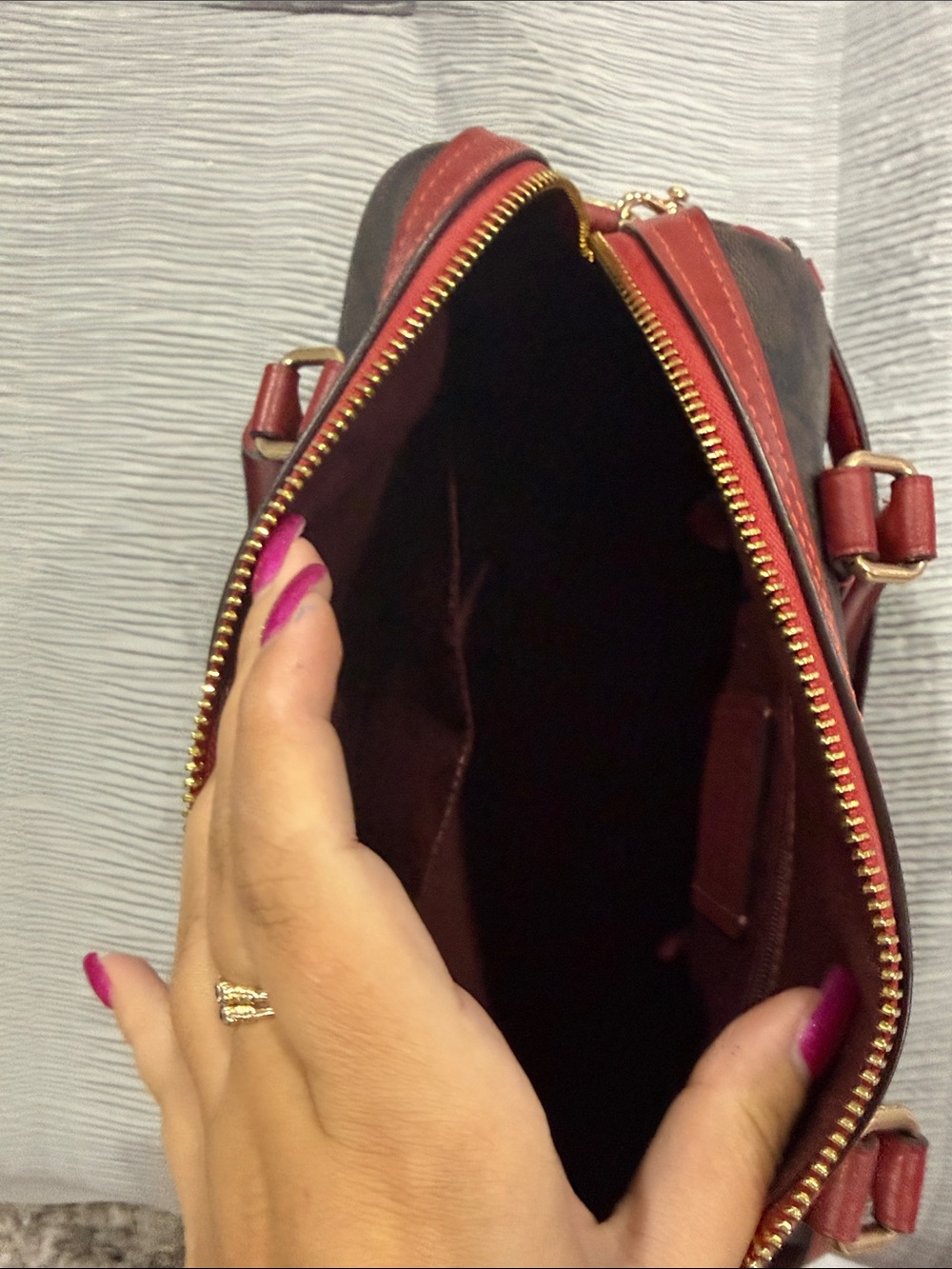Coach Brown Signature Satchel with Red Leather Trim - Picture 2 of 3